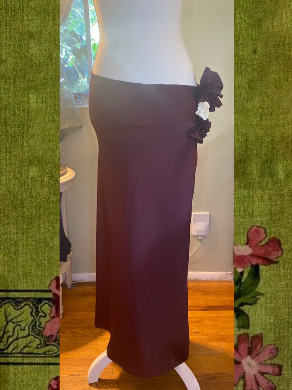 Elegant burgundy Maxi Skirt with Side Floral Accent